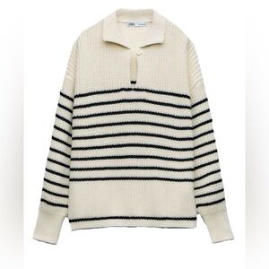 Zara Cream and Black Striped Turtleneck Sweater